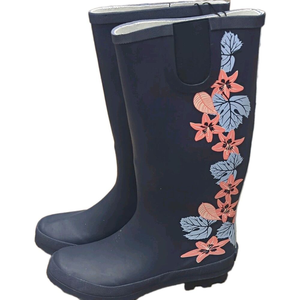 NEW Serra Women's Knee High Floral Waterproof Rubber Rain Boots Pull-On Round 8